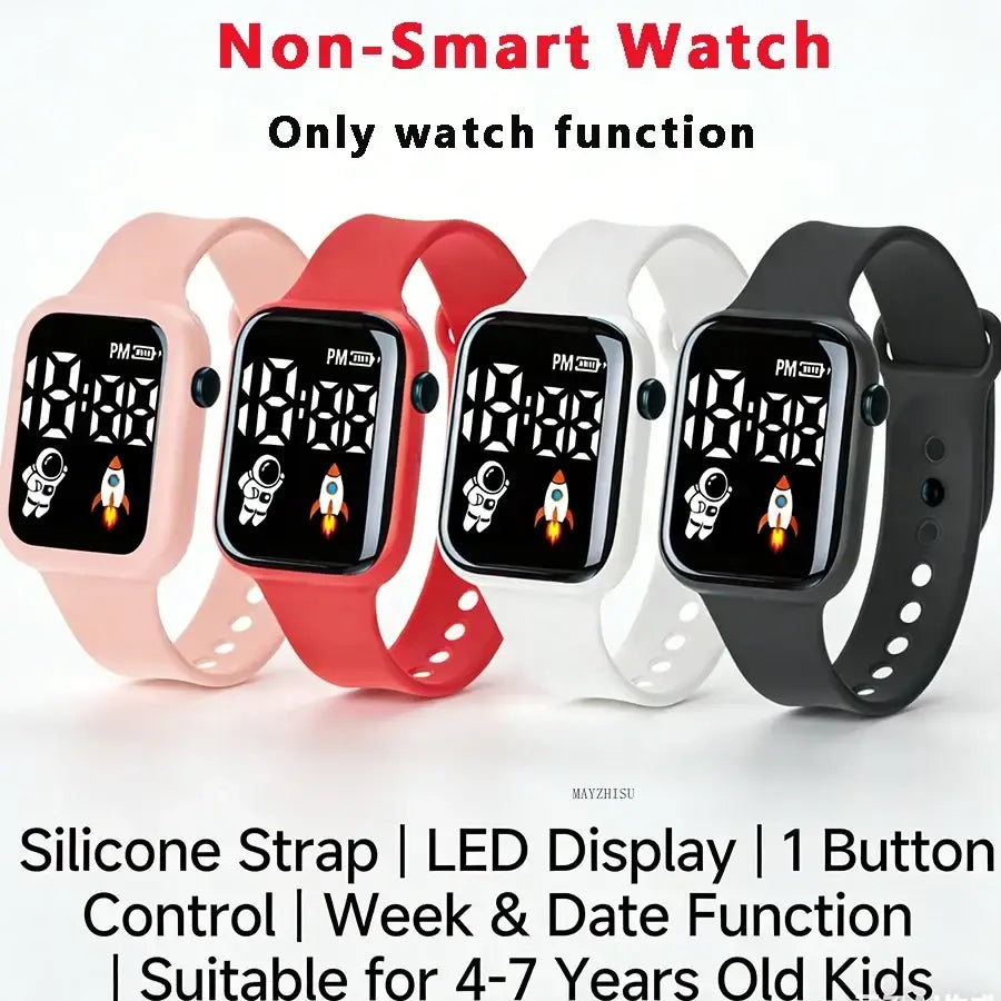 Children’s electronic wristwatch with colorful silicone straps and led astronaut and rocket displays for boys and girls