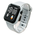 Light gray electronic wristwatch for children boys girls with black led screen and astronaut rocket icons