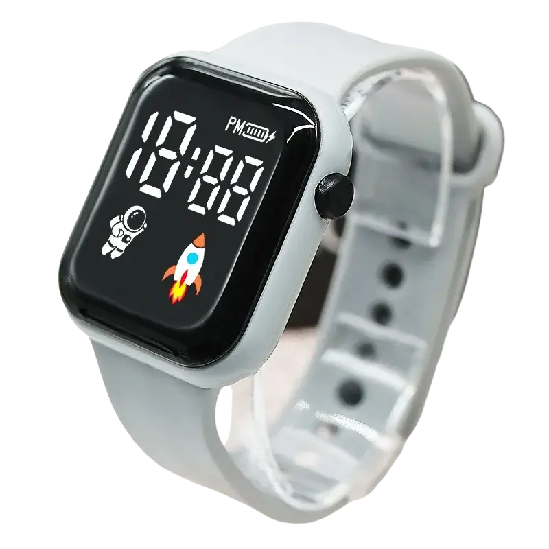 Light gray electronic wristwatch for children boys girls with black led screen and astronaut rocket icons