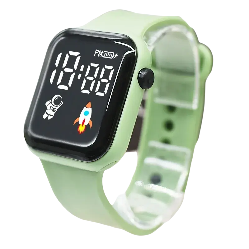 A lime green electronic wristwatch with a black screen astronaut icon and silicone strap for children boys girls
