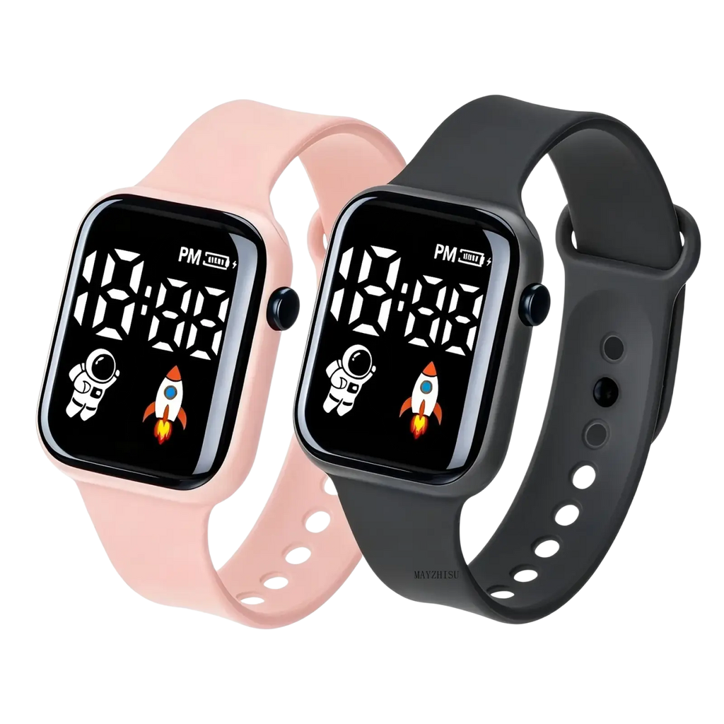 Mayzhisu children boys electronic wristwatch with led display, pink and black silicone straps, astronaut and rocket graphics