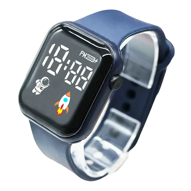 Navy blue childrens electronic wristwatch with a square led screen showing astronaut and rocket for boys girls