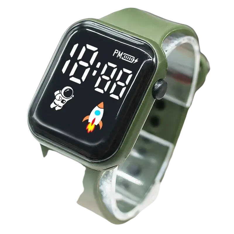 Olive green electronic wristwatch with square face and astronaut rocket design for children boys girls sports use