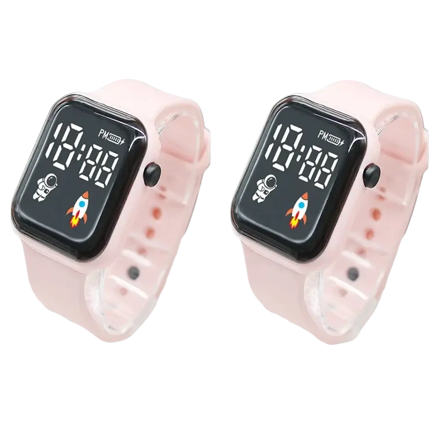 Pink silicone strap electronic wristwatch for children boys and girls with black digital face displaying astronaut icons
