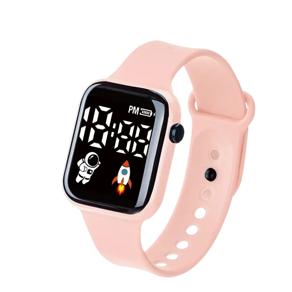 Children electronic wristwatch with pink silicone strap and black digital screen featuring space-themed graphics for boys girls
