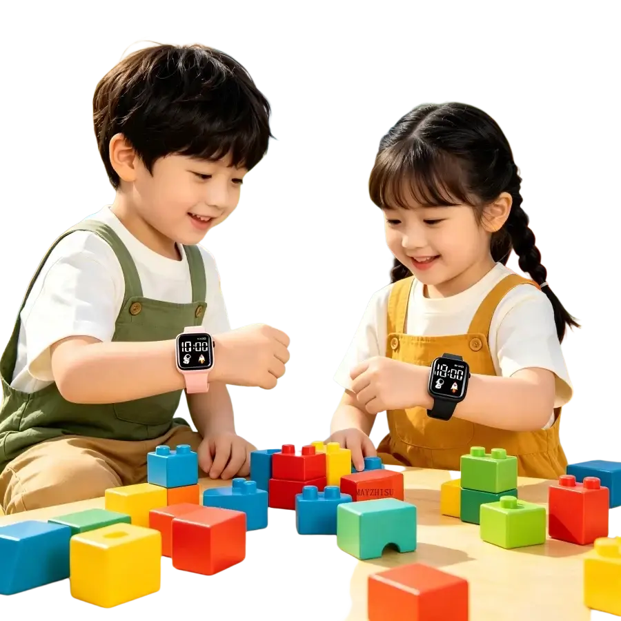 Pink and black electronic wristwatch for children boys and girls with colorful block toy led sports digital display