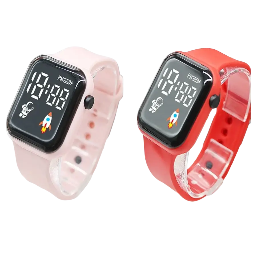 Children boys electronic wristwatch with pink and red silicone straps featuring astronaut and rocket designs on black screens