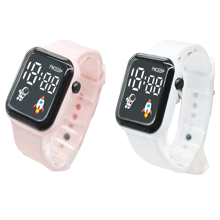 Pink and white electronic wristwatch for children boys and girls with astronaut and rocket icons on led digital display