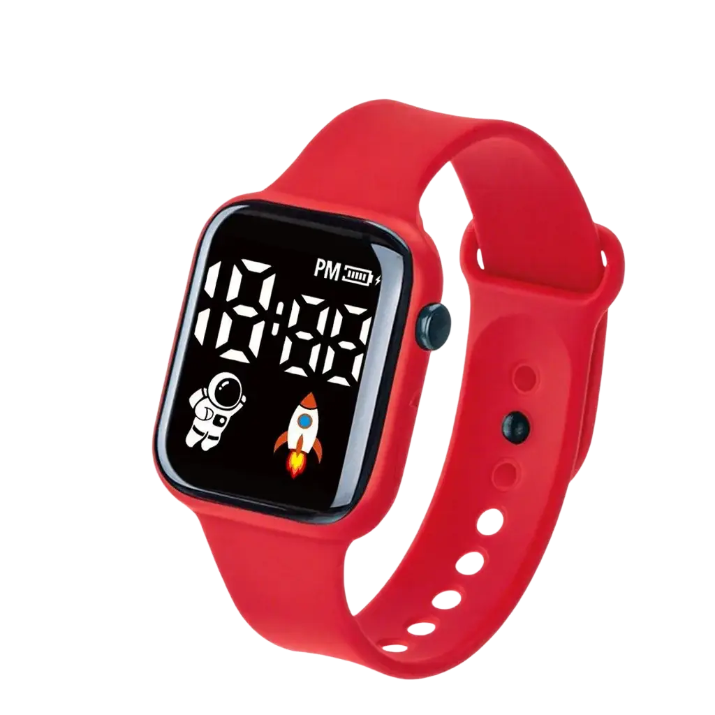 Red silicone strap electronic wristwatch for children boys girls with black screen and astronaut digital display