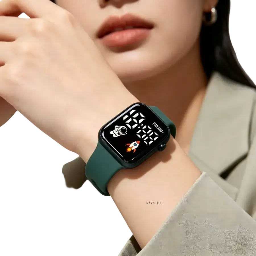 Teal silicone strap childrens electronic wristwatch with black digital face for boys girls sports use