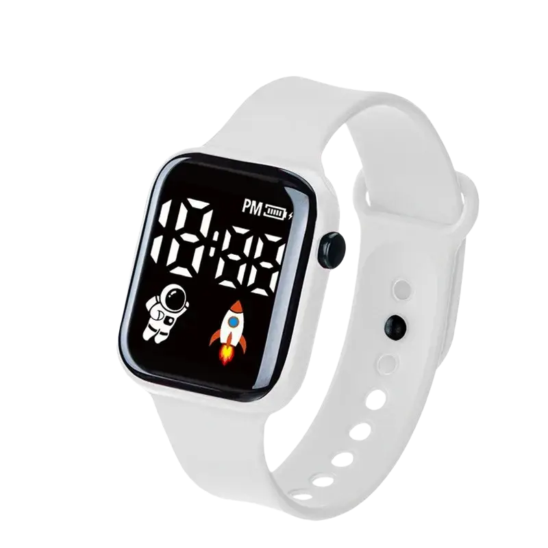 White electronic wristwatch for children boys girls with square led screen featuring astronaut and rocket design