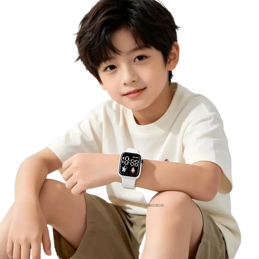 White electronic wristwatch with playful astronaut-themed display for children boys girls led sports digital watch