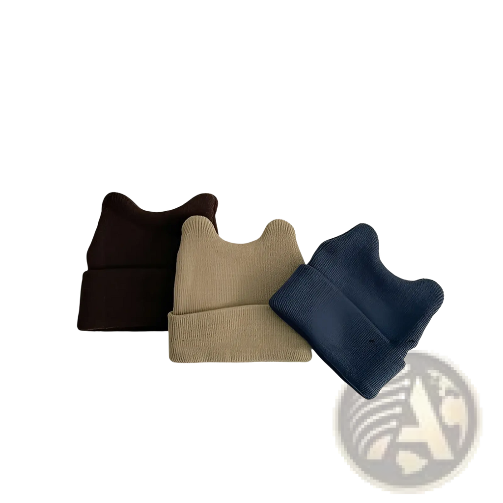 Childrens knitted beanie hats in dark brown beige and navy blue with soft ribbed cuffs warm winter caps