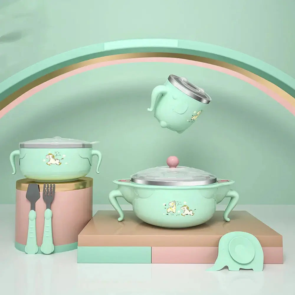 Mint green ceramic baby feeding bowl with silver lid and unicorn design from Arbaglobal tableware set