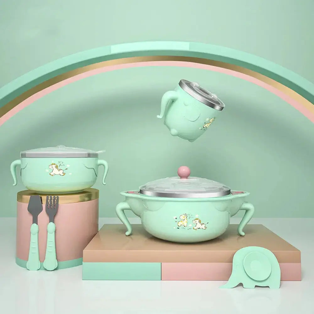 Mint green ceramic baby feeding bowl with silver lid and unicorn design from Arbaglobal tableware set