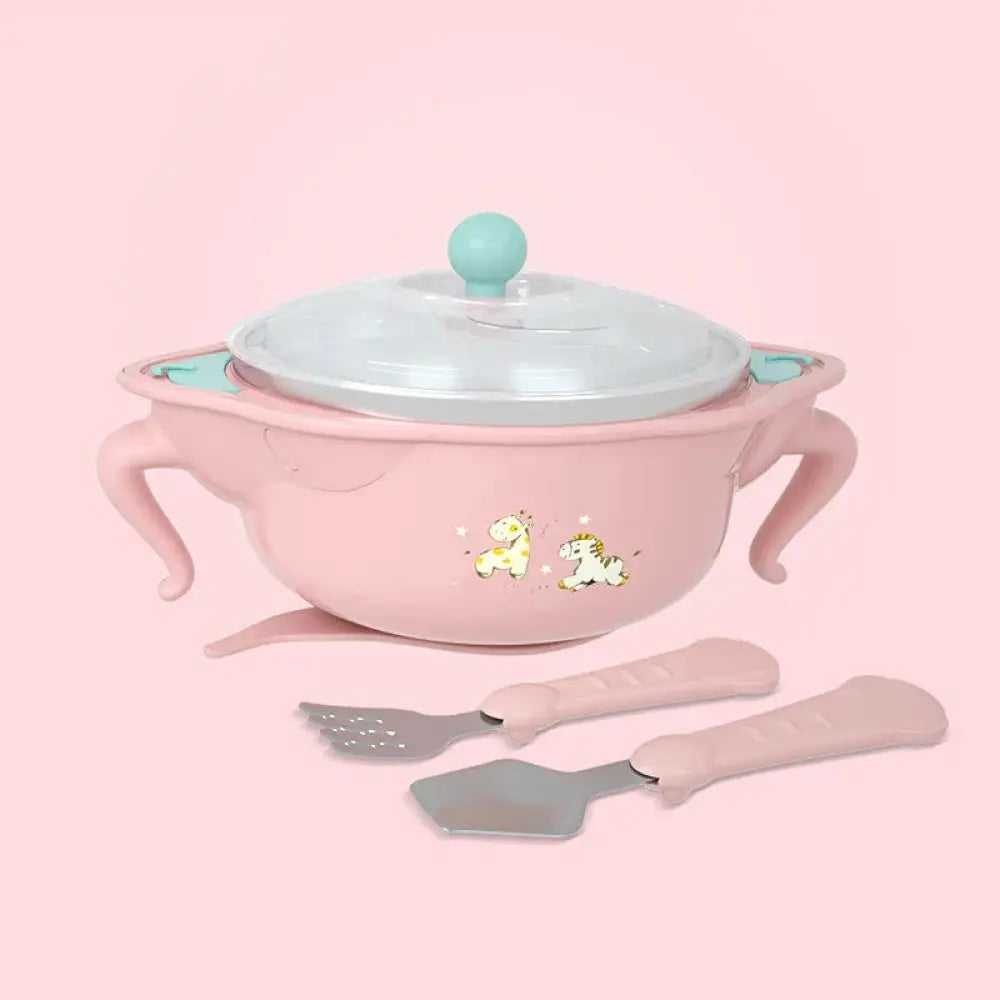 Arbaglobal unicorn ceramic baby feeding set in pink with clear lid teal knob and cartoon animal decals with utensils