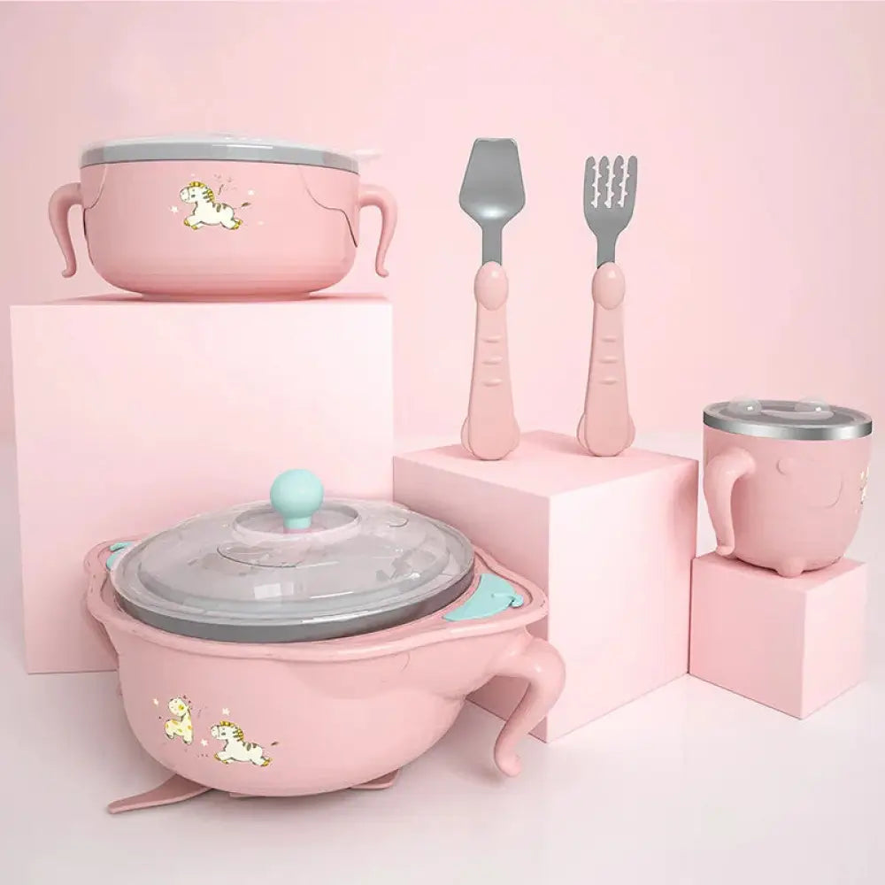 Arbaglobal unicorn ceramic baby feeding set with pink silicone handles and stainless steel lid for infants