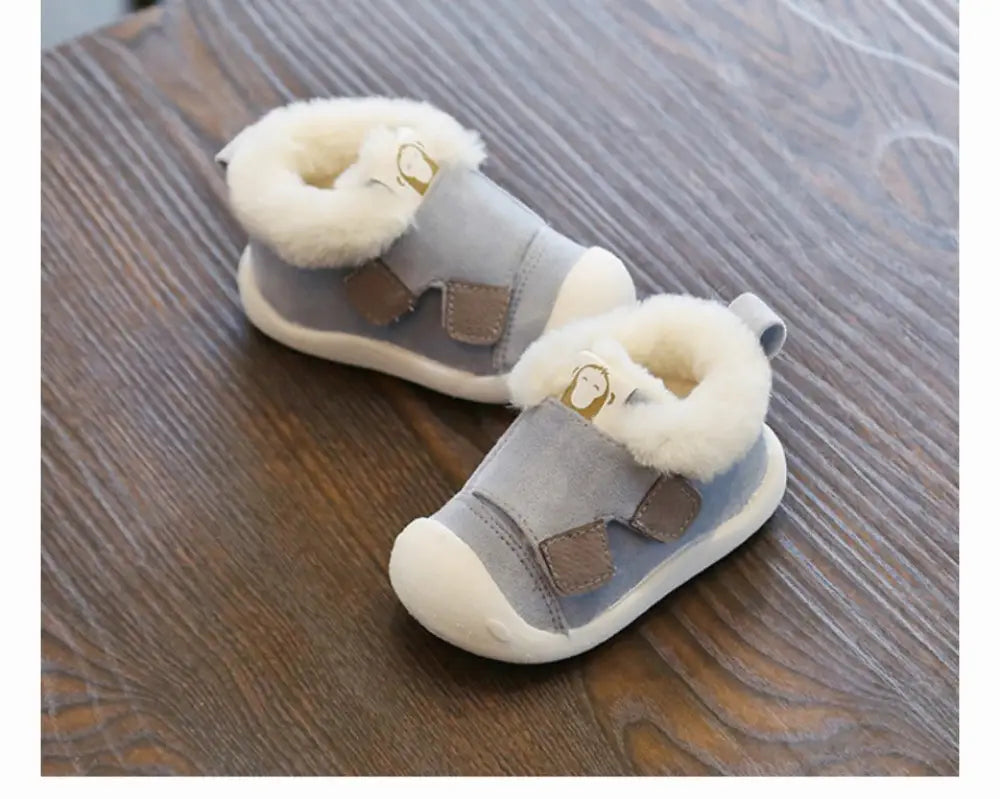 Gray suede animal themed plush toddler snow boots with fluffy white faux fur lining and brown velcro straps