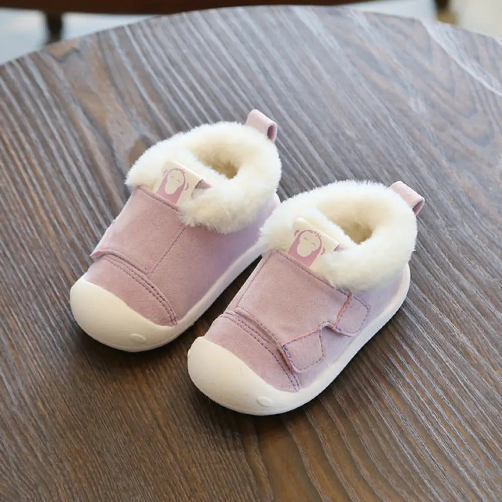 Pink suede animal themed plush faux fur toddler snow boots with white rubber soles and fluffy white lining