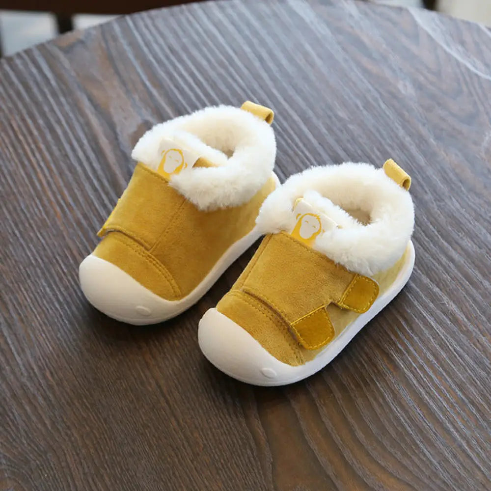 Yellow suede animal themed plush faux fur toddler snow boots with white lining and velcro straps