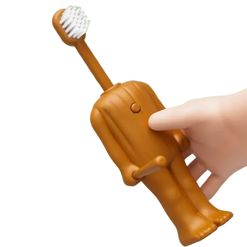 A brown wooden childrens toothbrush finished goods pvc cartoon figurine with a white brush head and rounded features