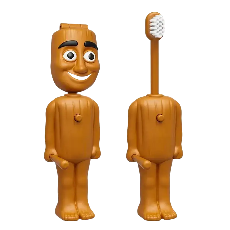 Brown wooden-textured pvc childrens toothbrush finished goods holder designed as a smiling cartoon figurine