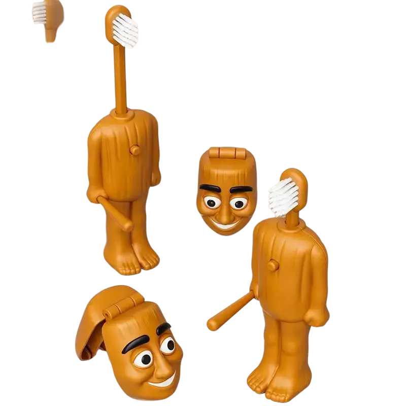 Orange plastic childrens toothbrush finished goods pvc cartoon figurine with white bristles and cartoon faces
