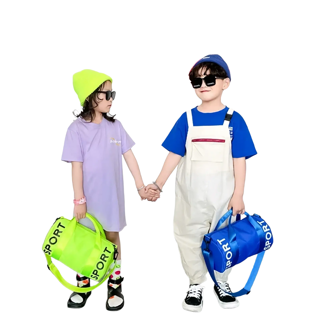 Bright neon green and royal blue kids sports duffle bags with sport lettering for travel gym and crossbody use