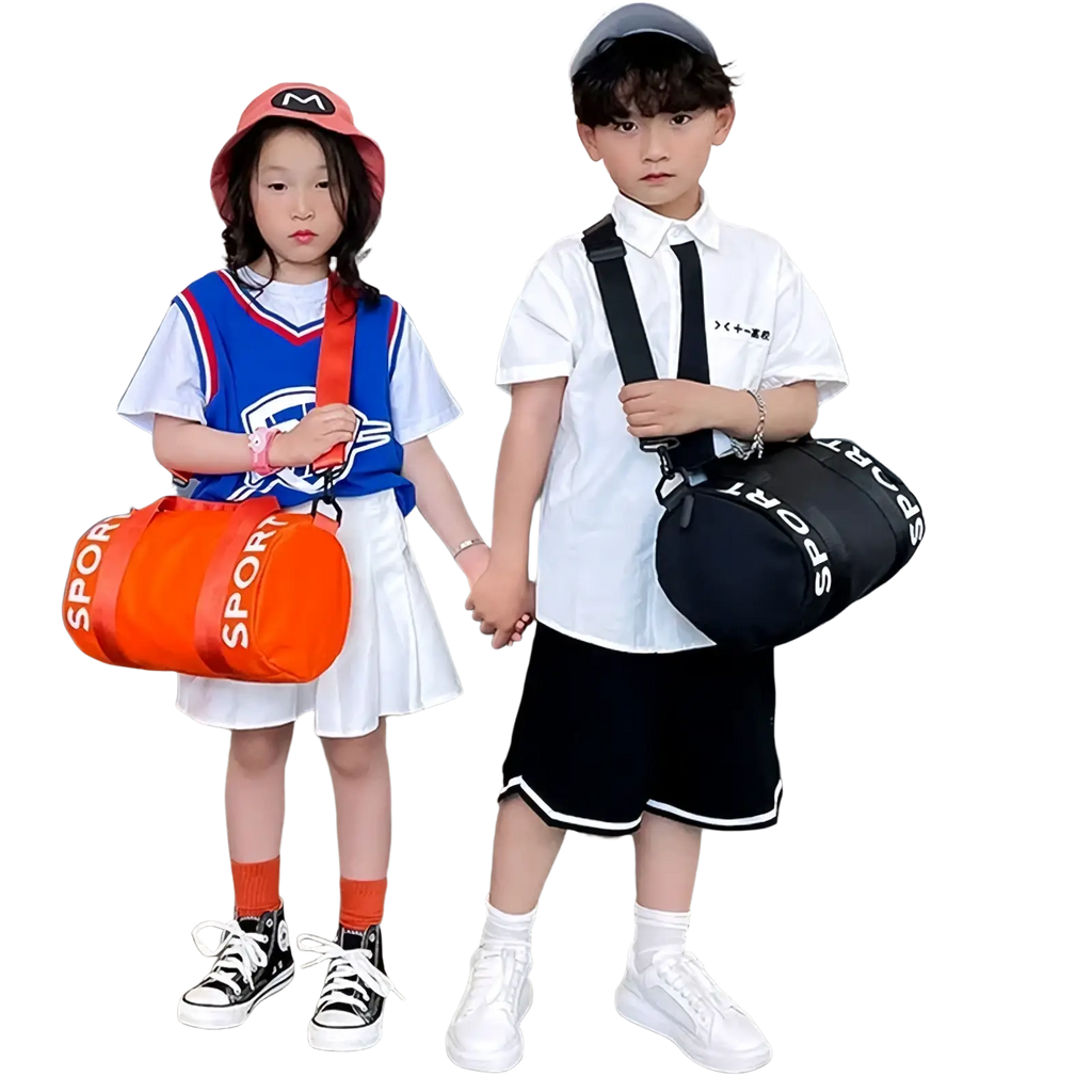 Orange and black kids sports duffel bag with shoulder straps for travel gym and crossbody luggage use
