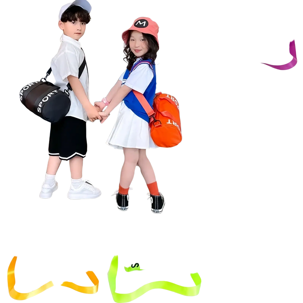 Kids sports duffle bag with sport lettering and colorful straps in orange green yellow purple blue and black for gym travel