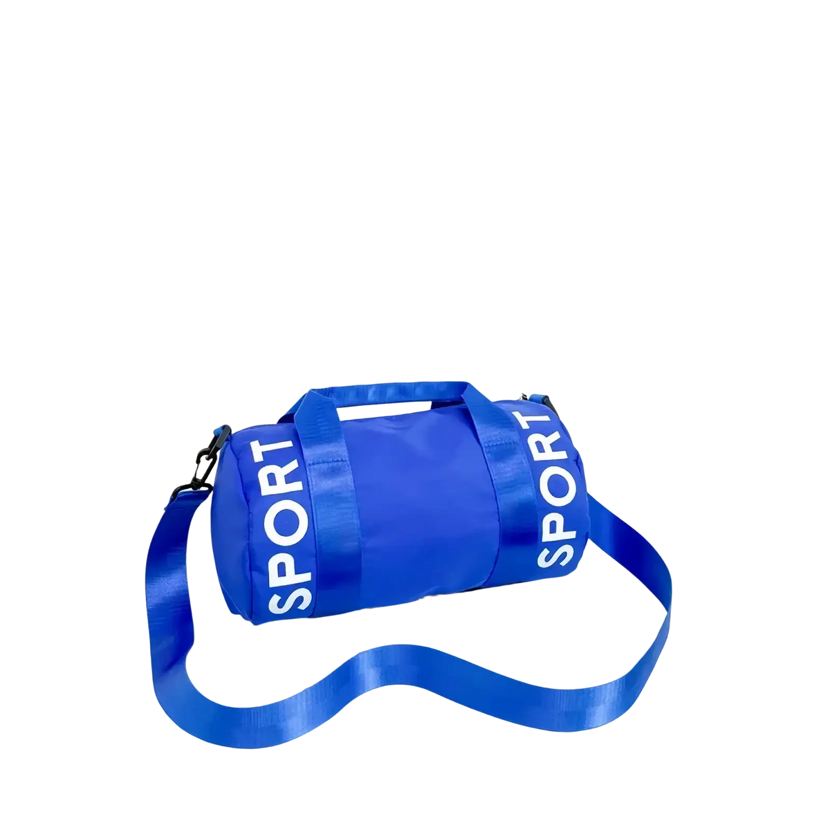 Bright blue cylindrical kids sports duffle bag with white sport lettering and matching shoulder strap for travel and gym use