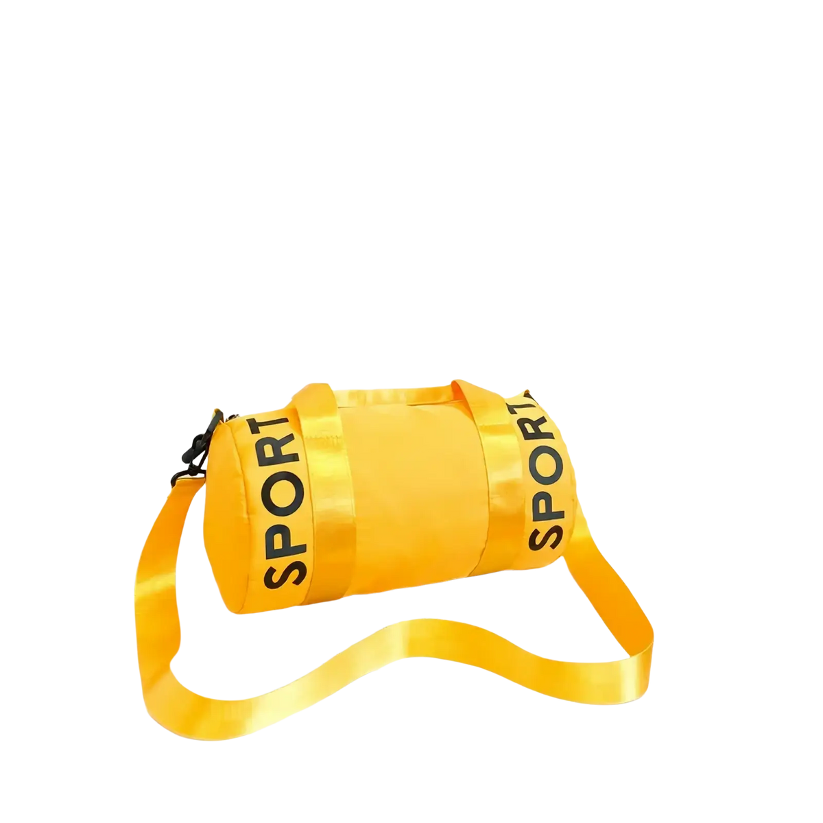 Kids sports duffle bag bright yellow cylindrical satin material with black sport lettering and adjustable crossbody strap