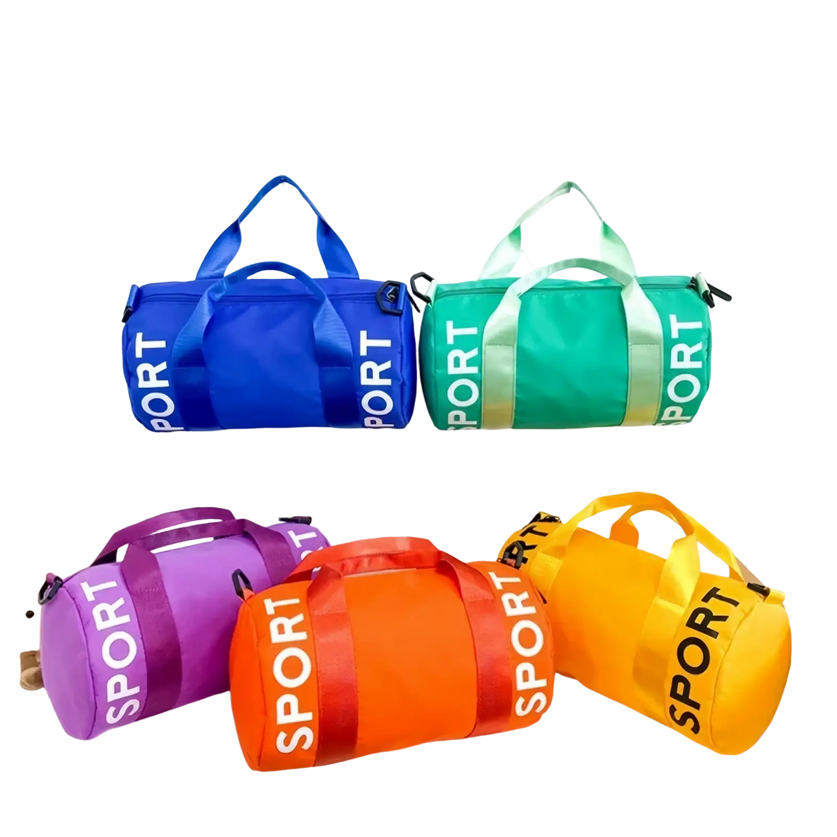 Kids sports duffle bags in vibrant rainbow colors with bold sport lettering made of durable nylon for travel gym use