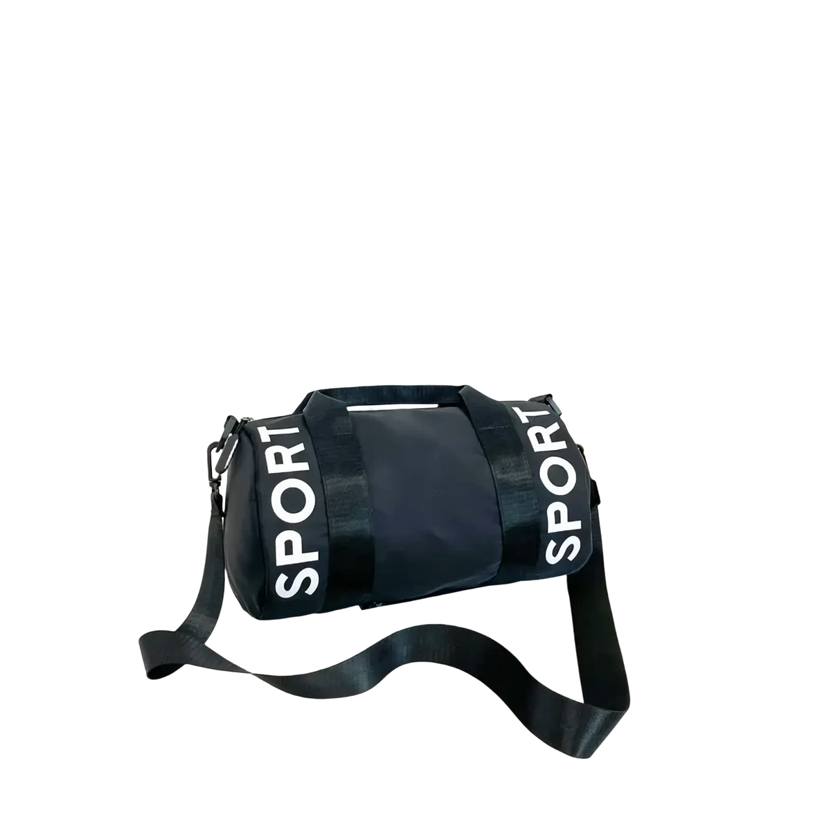 Black cylindrical kids sports duffle bag with bold white sport straps and adjustable shoulder strap for gym travel