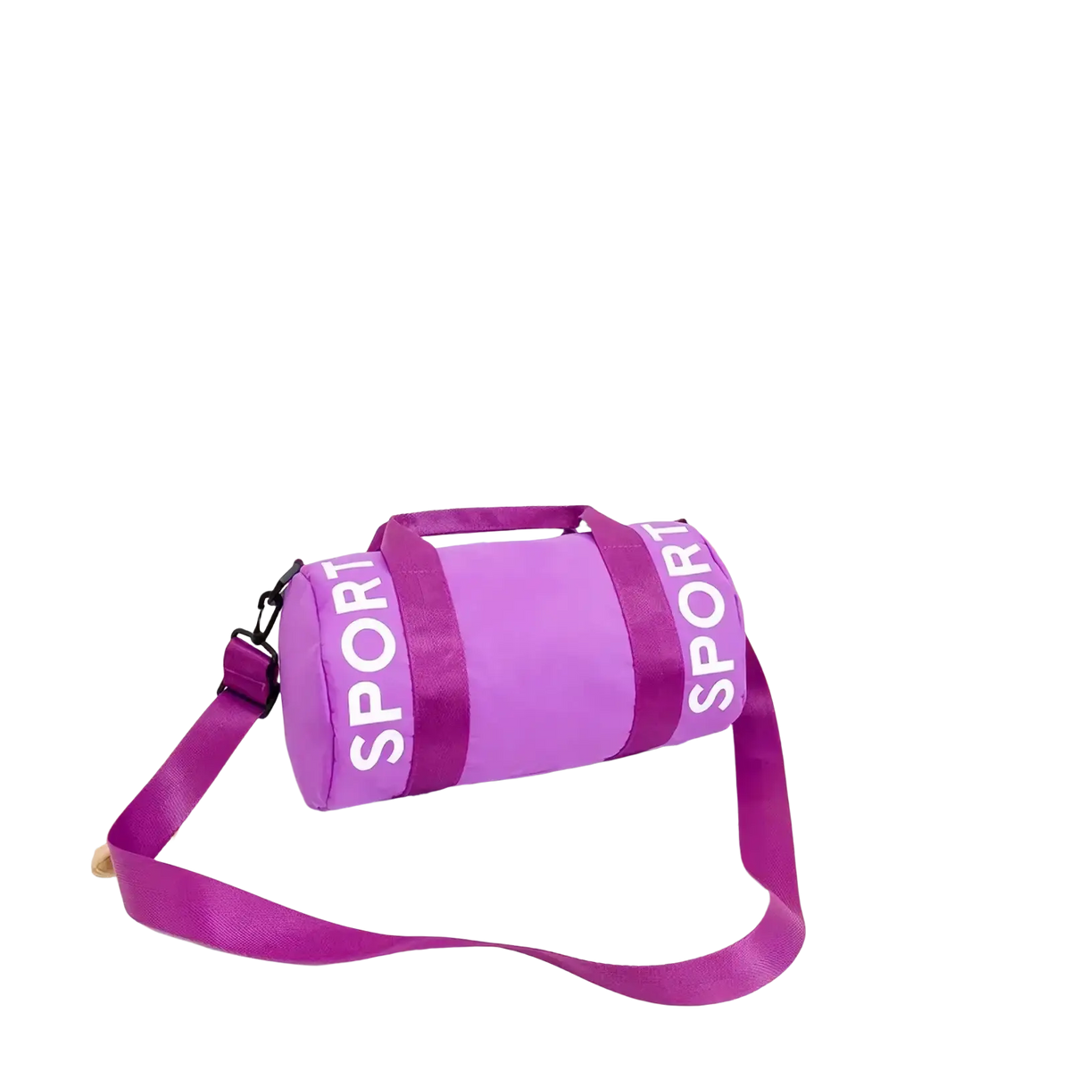 Kids sports duffle bag in mint green with satin straps and bold white sport lettering for gym and travel use