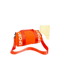 Kids sports duffle bag in vibrant orange with bold white sport lettering on red straps and adjustable crossbody strap