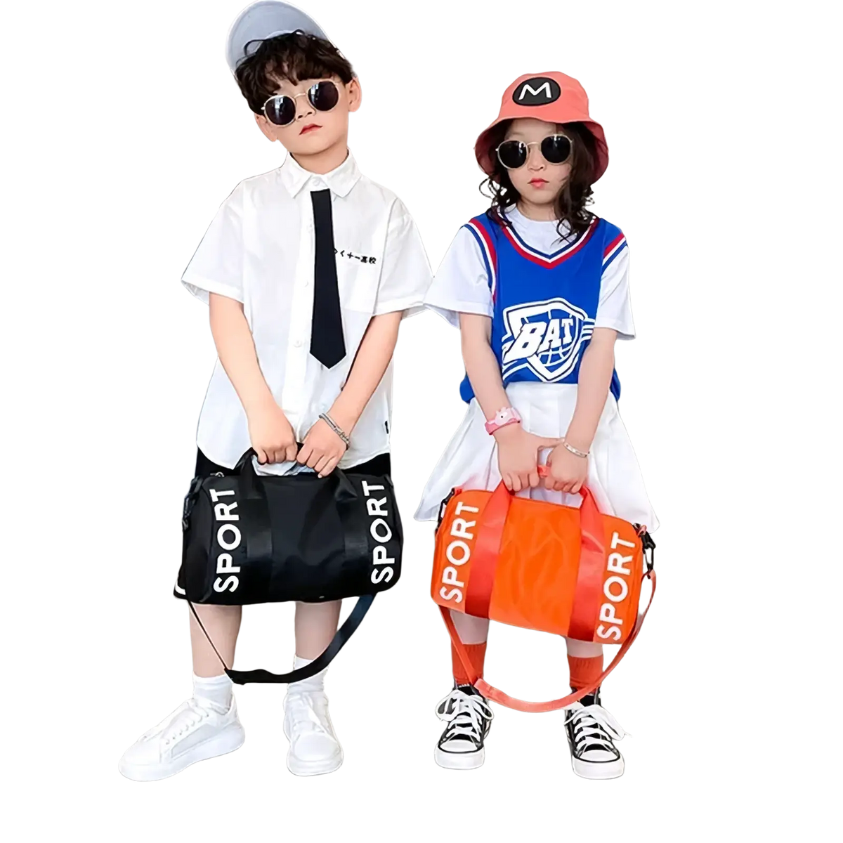 Black and orange kids sports duffel bags with sport lettering ideal for travel gym and crossbody use