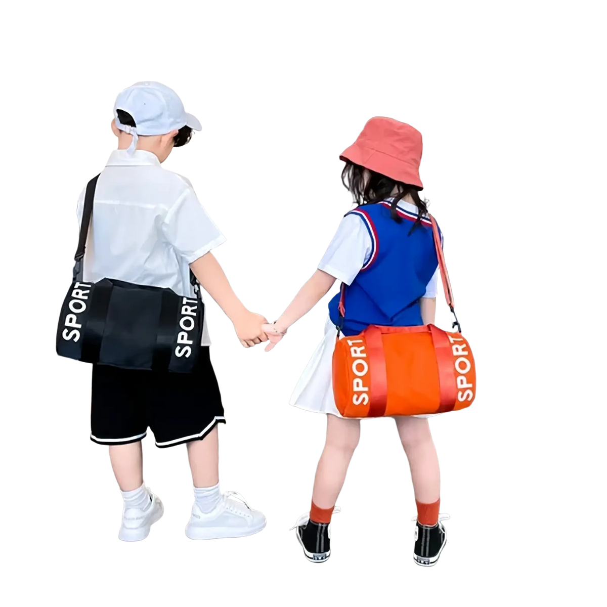 Kids sports duffle bag in orange and black with bold white sport lettering for travel gym and crossbody use