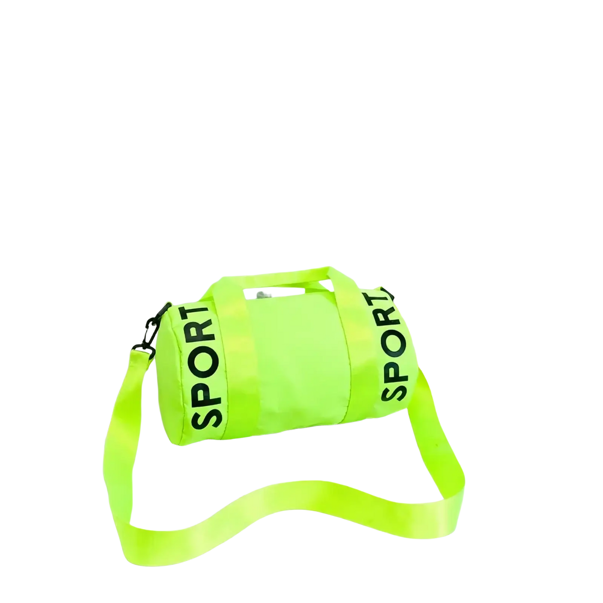 Neon green kids sports duffle bag with black sport lettering on straps for travel gym crossbody use