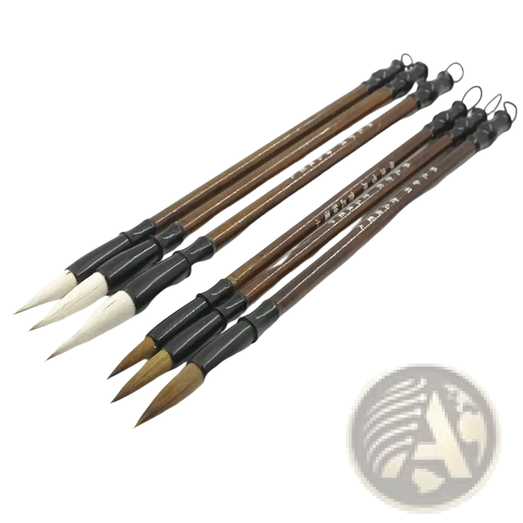 Set of six Chinese calligraphy brushes with dark brown wooden handles black ferrules and natural white and light brown bristles for writing practice