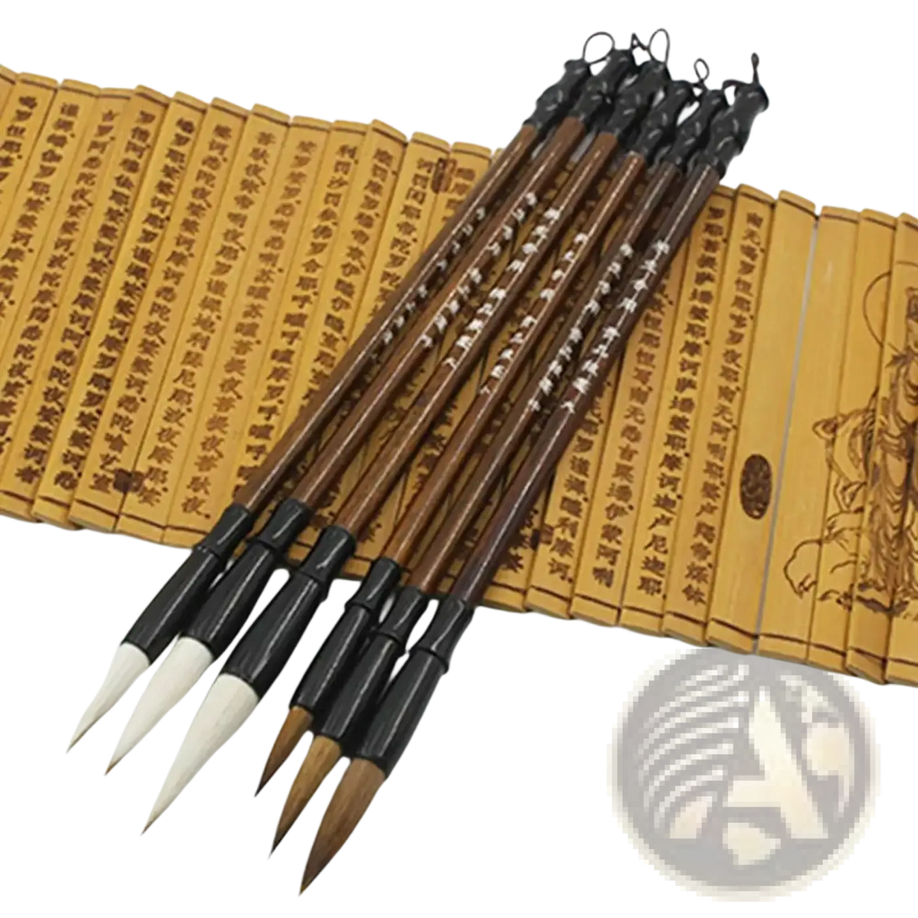 Set of six traditional Chinese calligraphy brushes with black handles and white bristles on bamboo scroll for writing practice