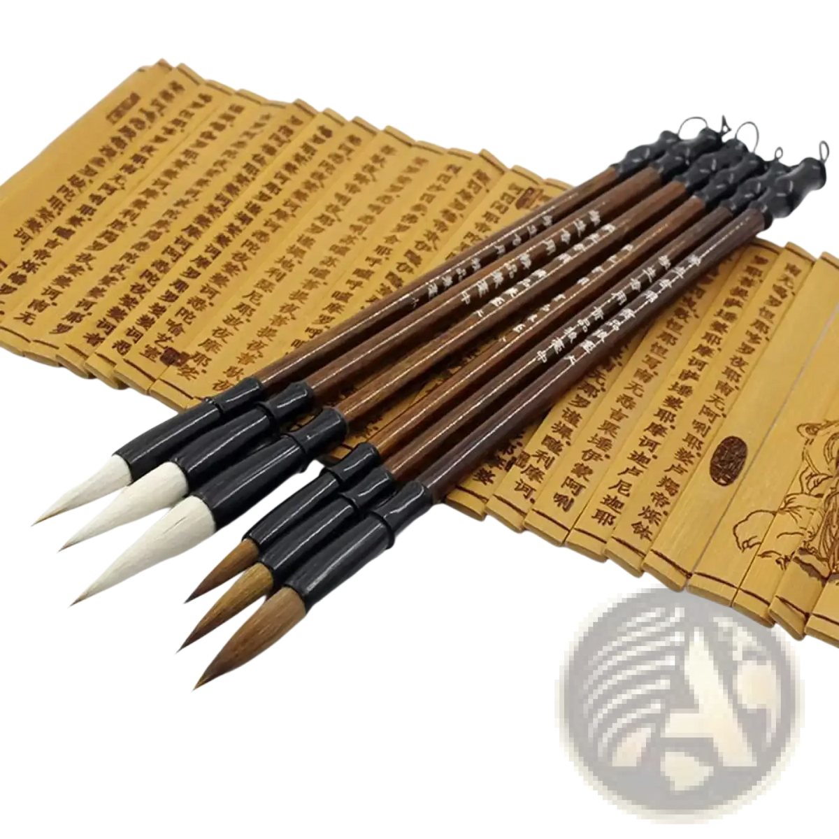 Set of six traditional chinese calligraphy brushes with dark brown wooden handles and white natural bristles for writing practice