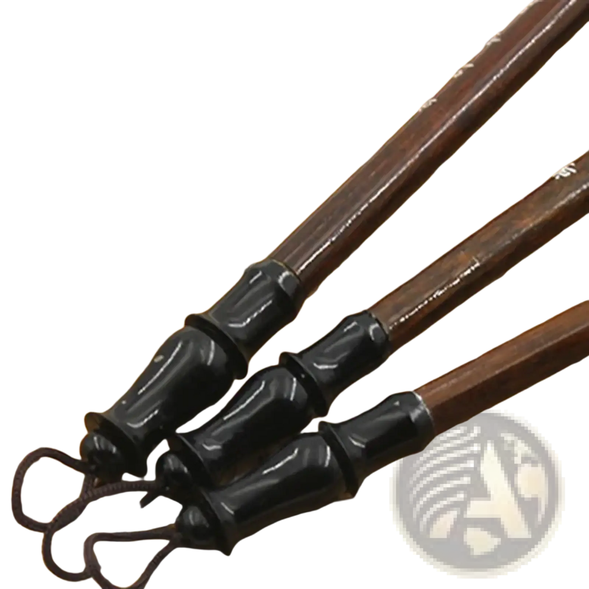 Dark brown wooden chopsticks with glossy black lacquered handles and loop in chinese calligraphy brush set 6 piece writing practice