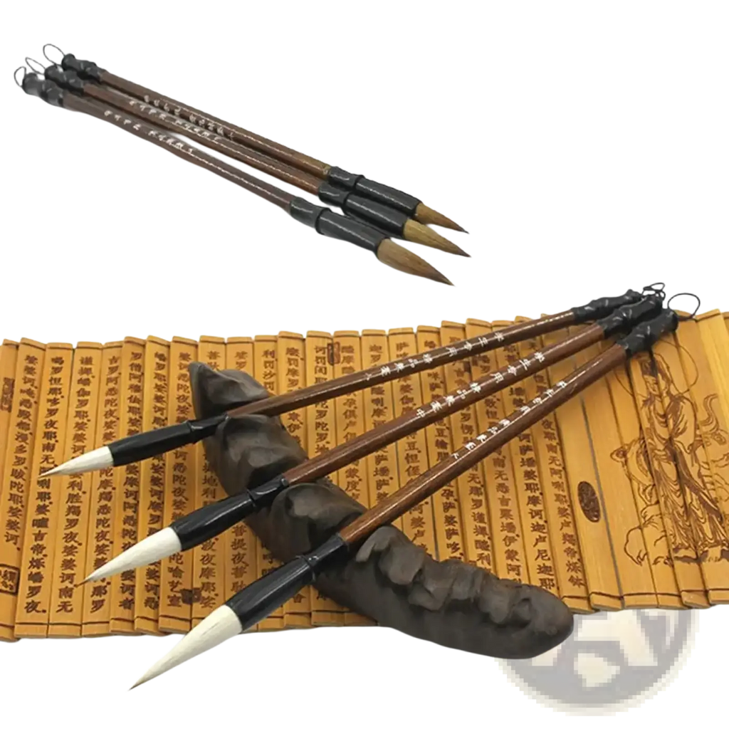 Set of six Chinese calligraphy brushes with dark brown wooden handles black ferrules and natural white-tipped bristles for writing practice
