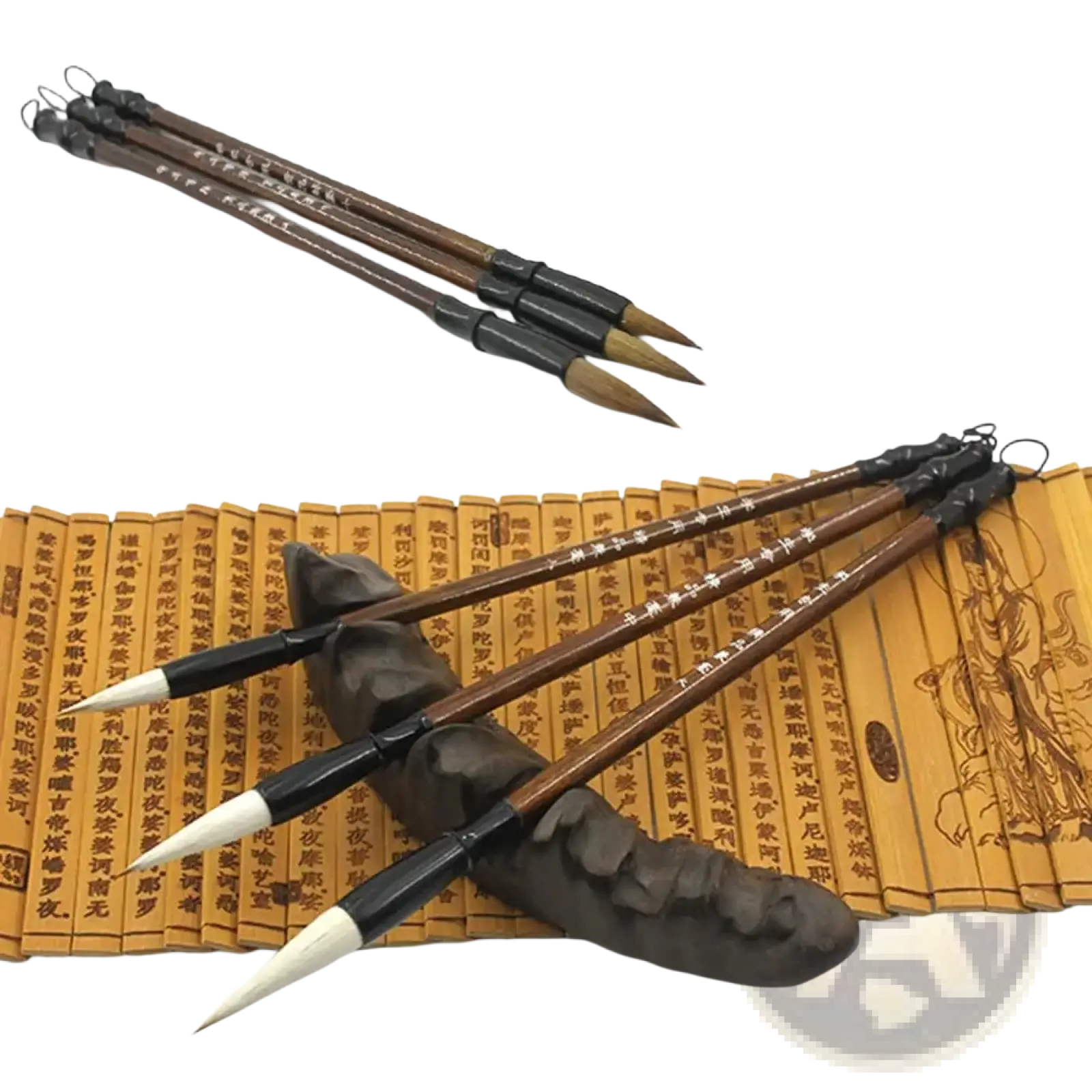 Set of six Chinese calligraphy brushes with dark brown wooden handles black ferrules and natural white-tipped bristles for writing practice