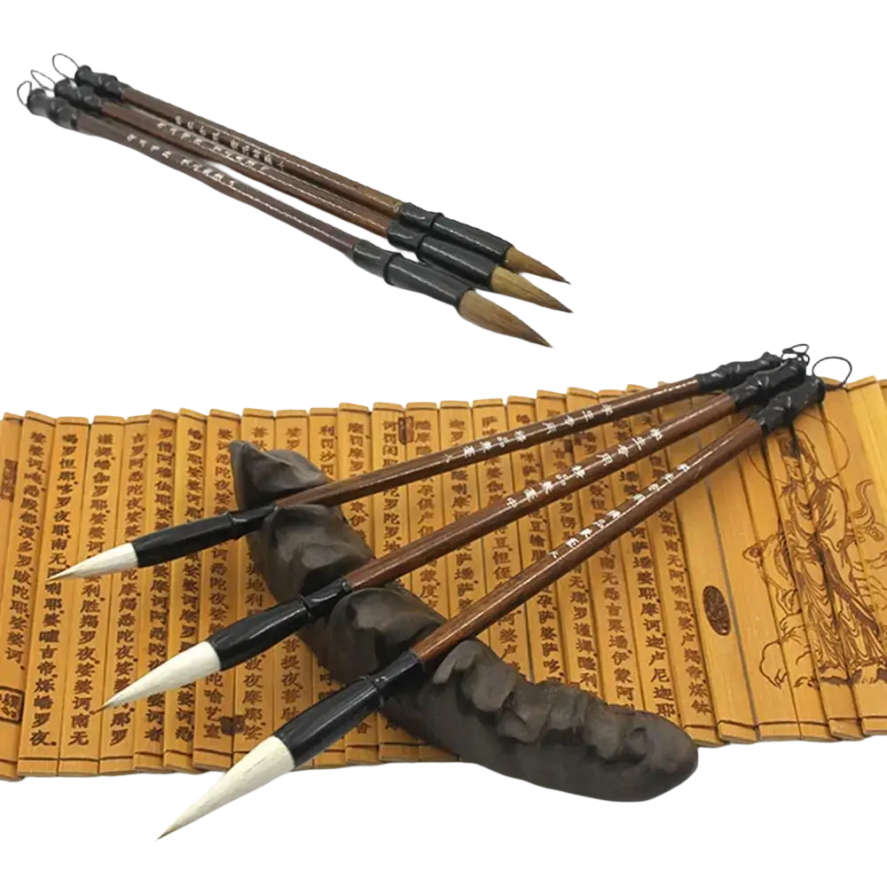 Set of six Chinese calligraphy brushes with dark brown wooden handles black ferrules and natural white-tipped bristles for writing practice