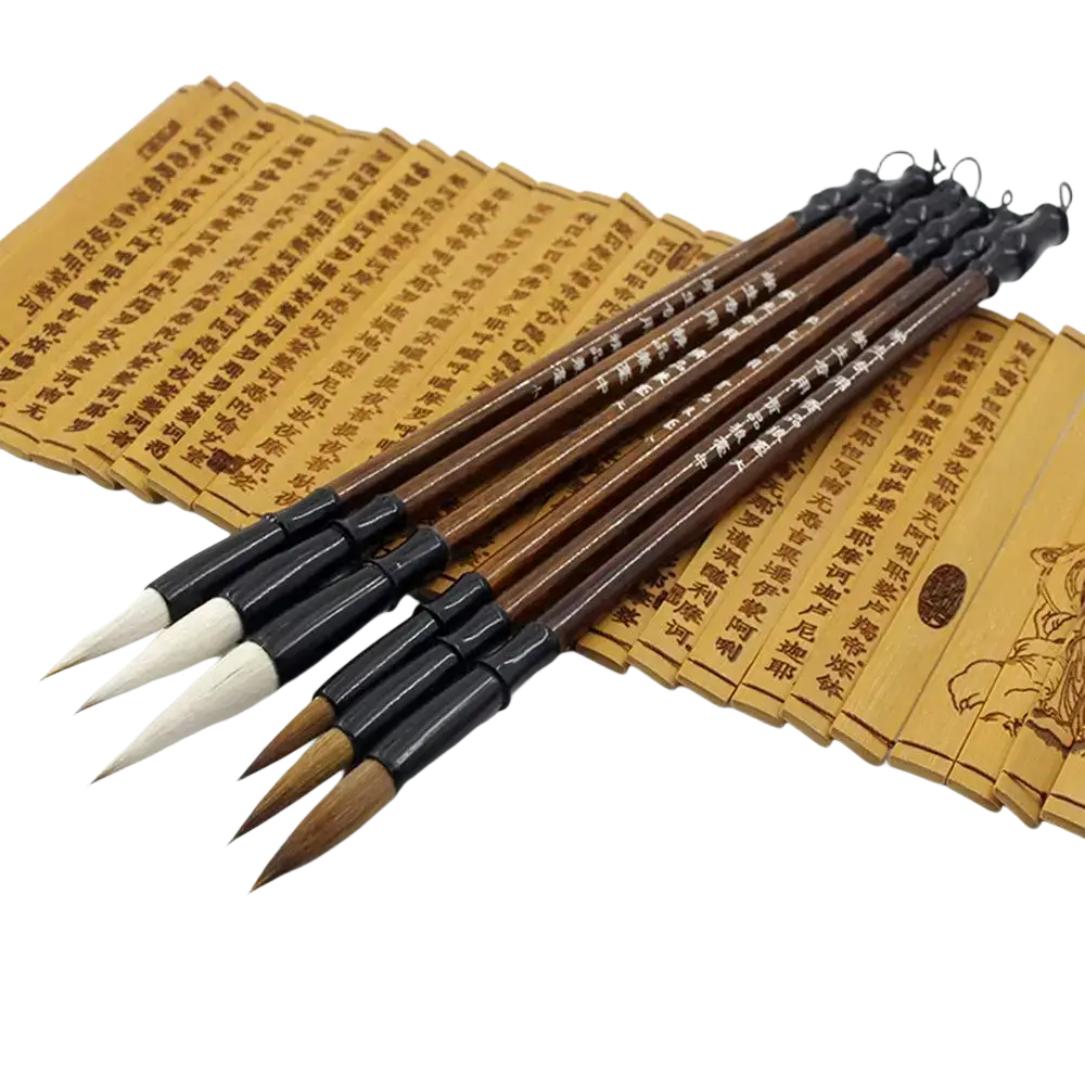 Set of six traditional chinese calligraphy brushes with dark brown wooden handles and white natural bristles for writing practice