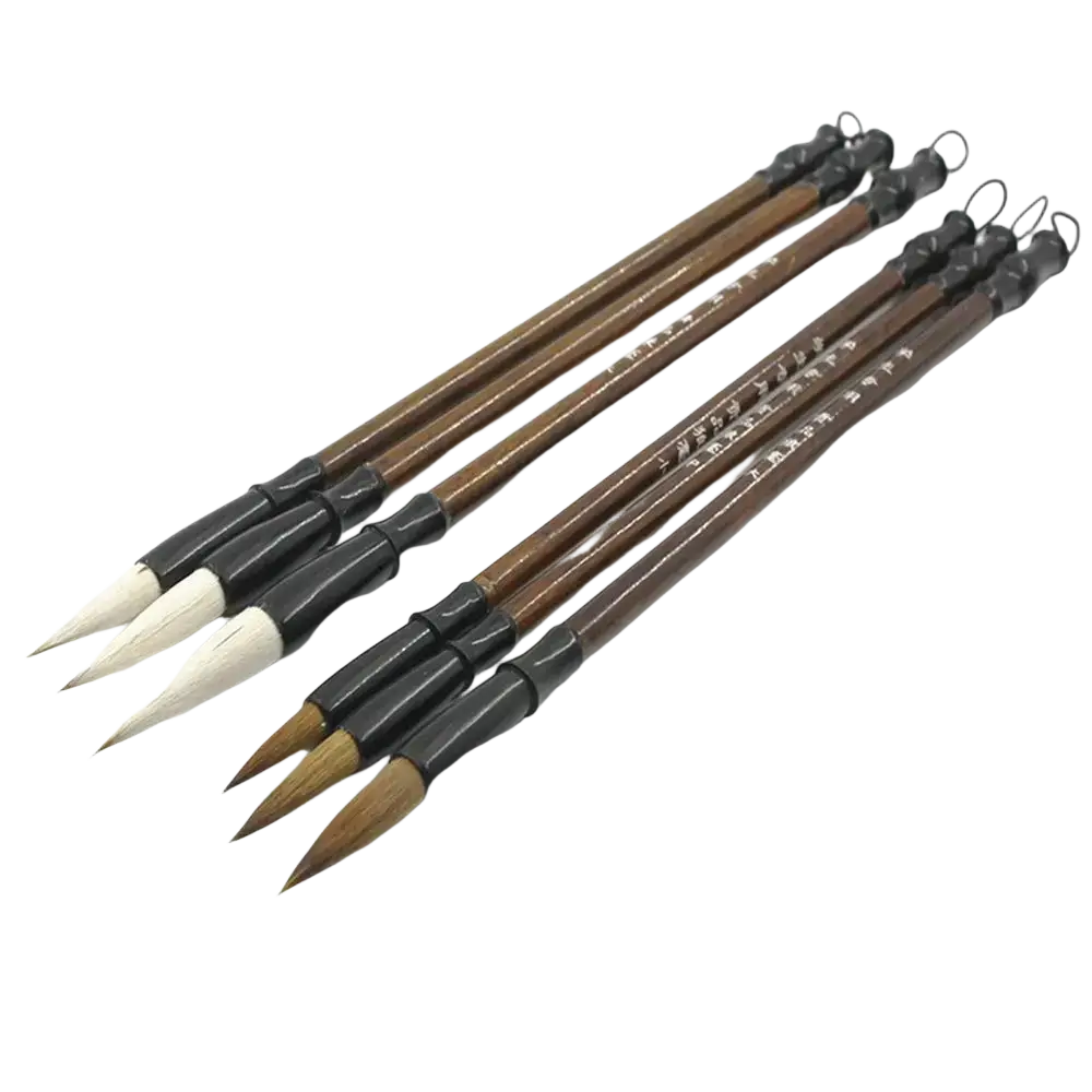 Set of six Chinese calligraphy brushes with dark brown wooden handles black ferrules and natural white and light brown bristles for writing practice