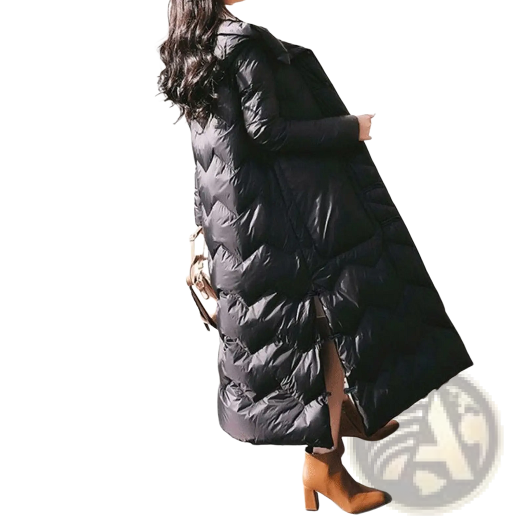 Black quilted down coat with chinese frog buttons and long flowing silhouette featuring front zipper closure