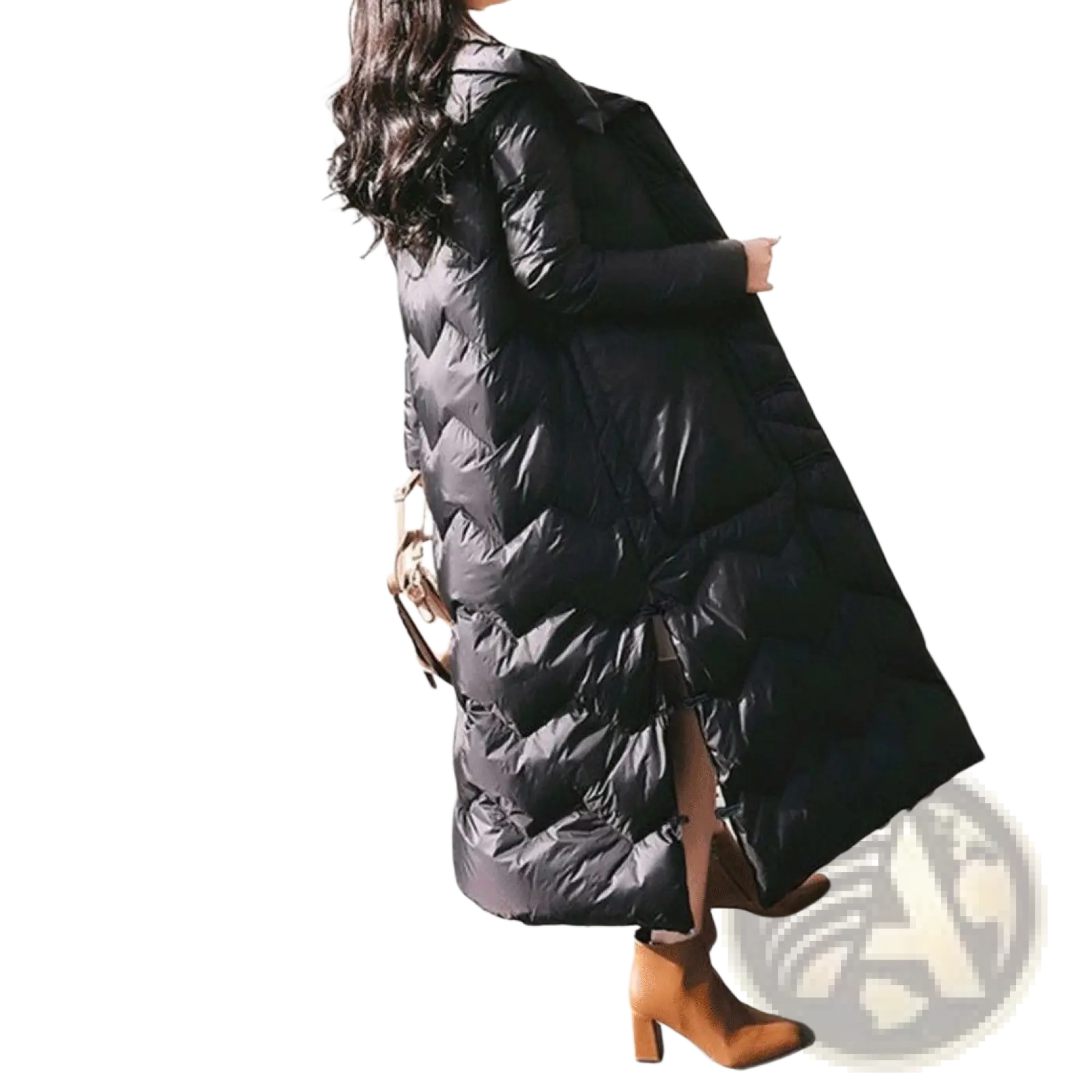 Black quilted down coat with chinese frog buttons and long flowing silhouette featuring front zipper closure